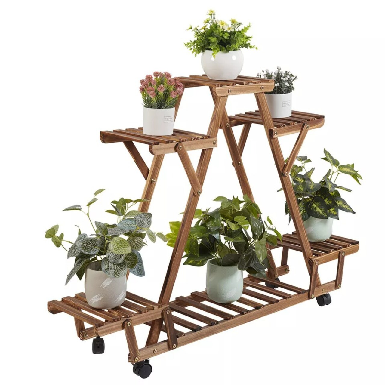 Indoor Outdoor Plant Stand Flower Pot Holder Rack Wood Shelf Wheels Heavy Duty